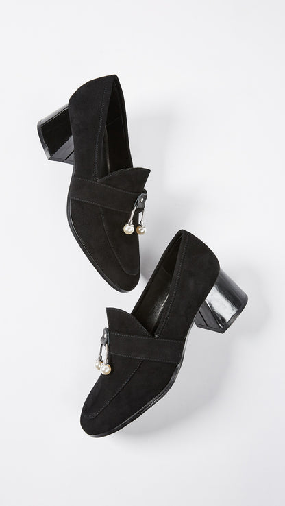 Black Vegan Suede Round Toe Pearl Block Heel Women's Loafers