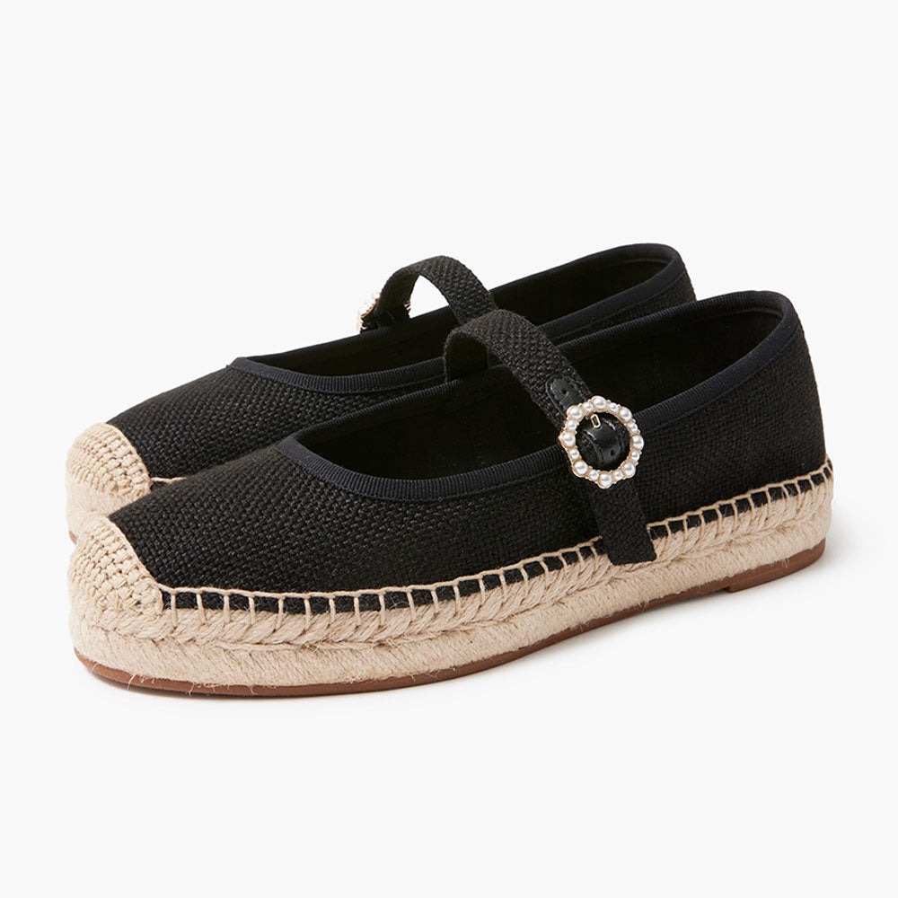 Women's Black Round Toe Pearl Buckle Espadrille Mary Jane flats