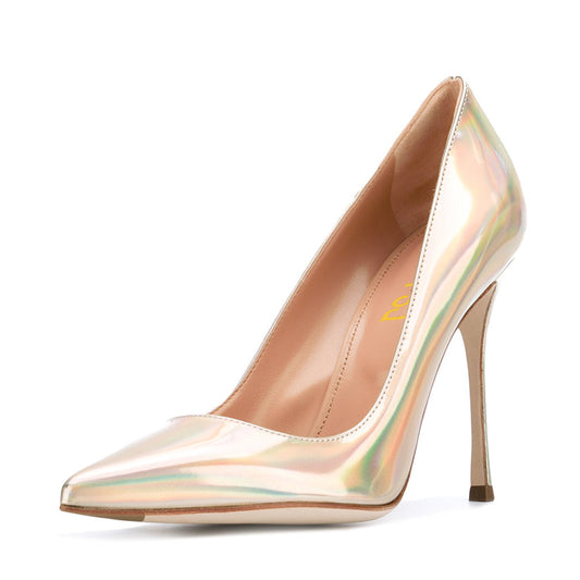 Women's Holographic Pointed Toe Stiletto Heel Gold Pumps