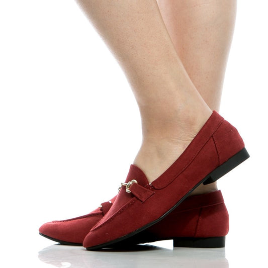 Dark Red Vegan Suede Flats Round Toe Horsebit Loafers