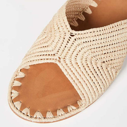 Slip-On Nude Woven Raffia Open Toe Flat Slide Sandals for Women