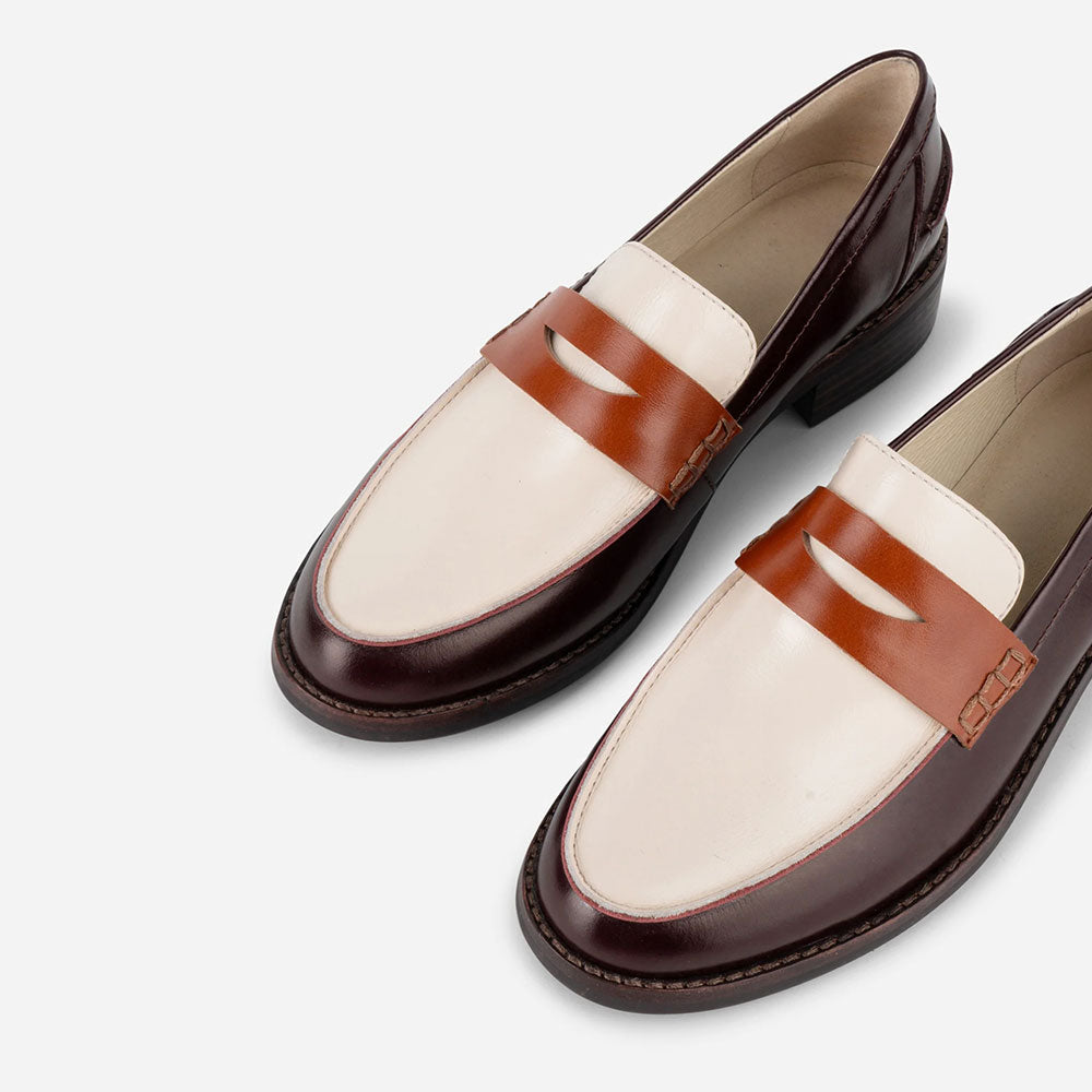 Maroon and Ivory Chunky Heel Slip-On Round Toe Women's Loafers