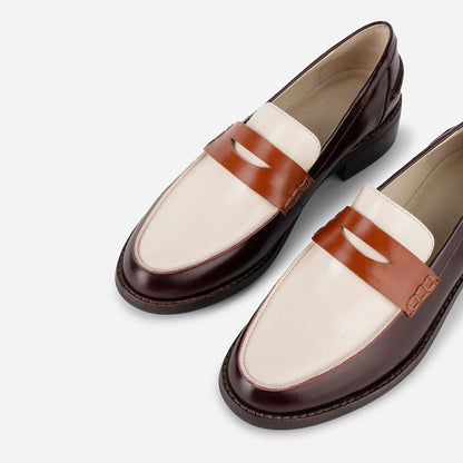 Maroon and Ivory Chunky Heel Slip-On Round Toe Women's Loafers