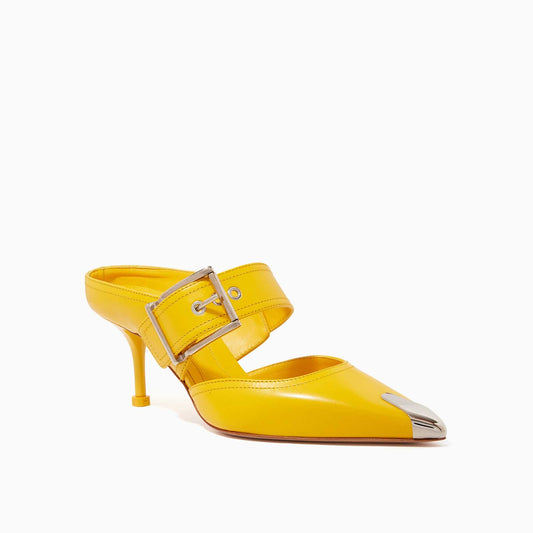 Women's Yellow Metal Pointed Toe Kitten Heel Buckle Mules Shoes