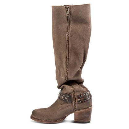 Taupe Faux Suede Square Toe Chunky Heel Studded Knee High Boots