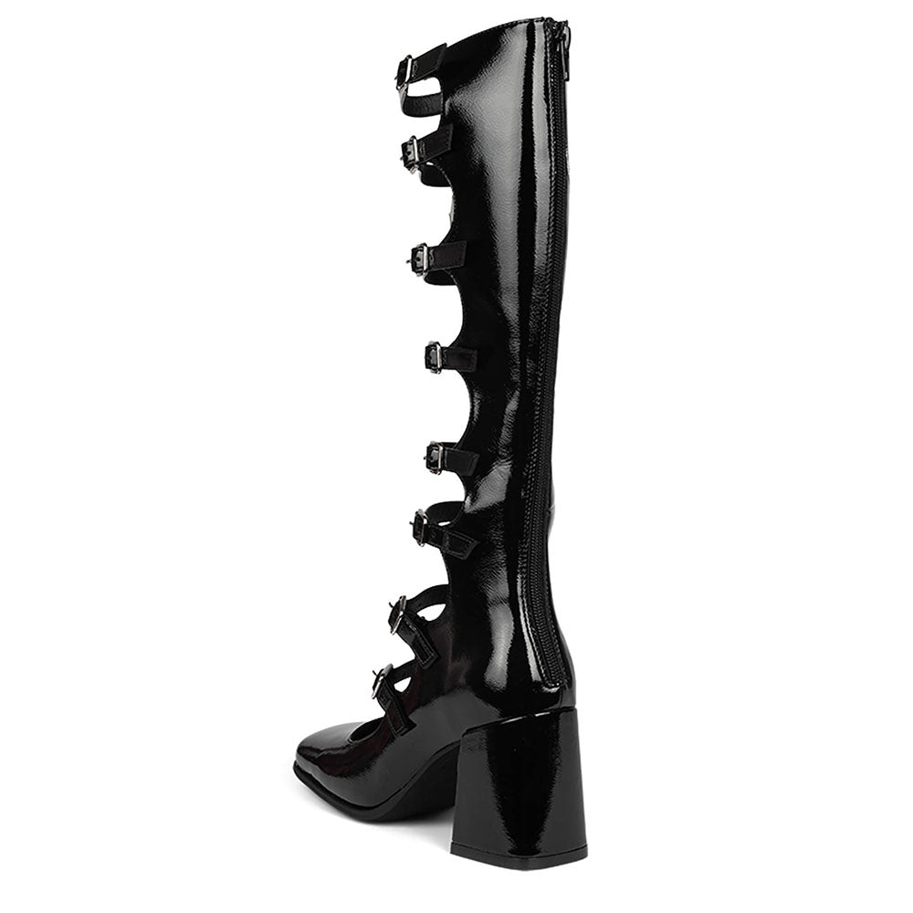 Black Closed Toe Block Heel Strappy Knee High Boots