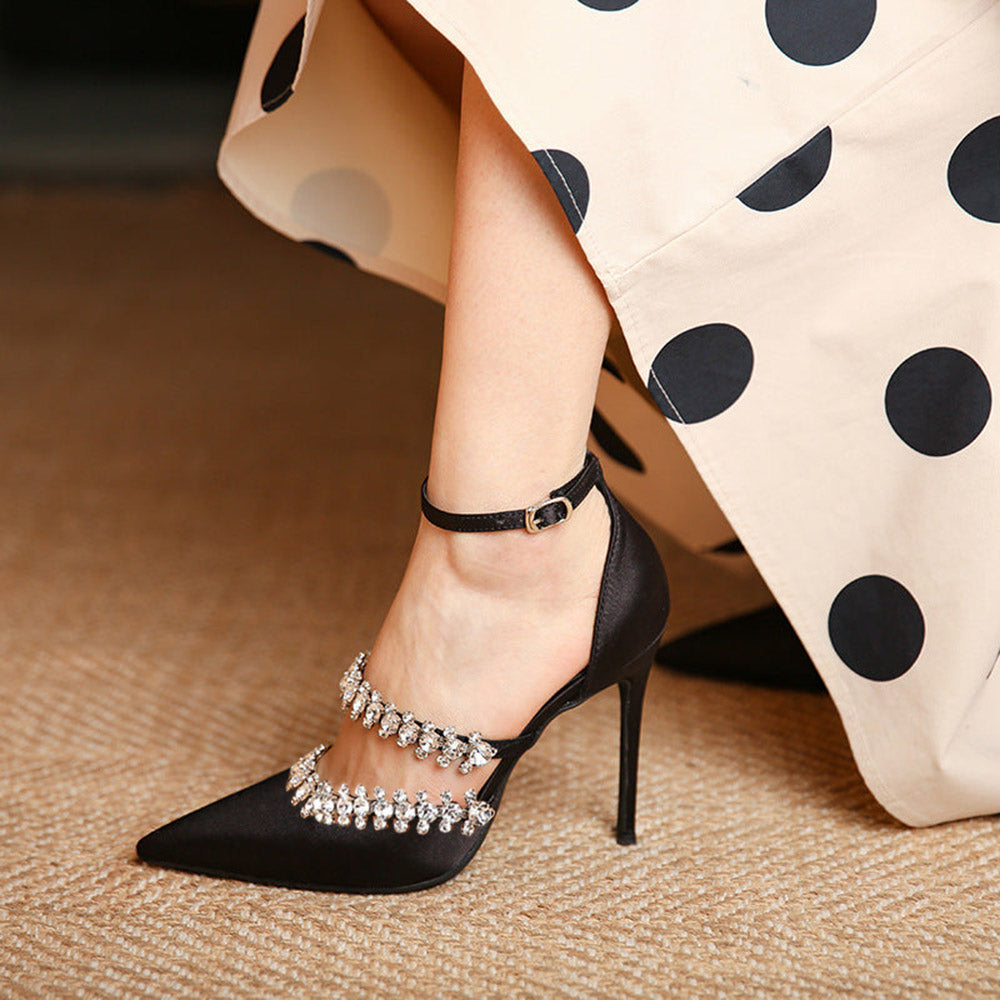Women's Satin Pointed Toe Rhinestone Trim Ankle Strap Black Pumps