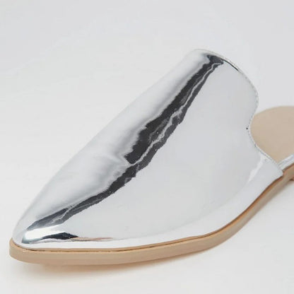 Stylish Metallic Silver Loafer Mules Pointed Toe Flats for Women