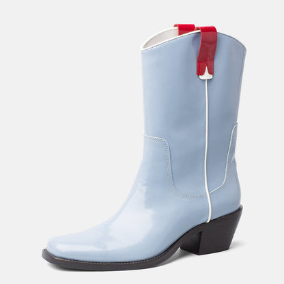 Light Blue Western Boots Patent Leather Chunky Heel Mid Calf Boots