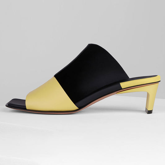 Yellow Open Square Toe Chunky Heel Mules Shoes with Asymmetric Vamp