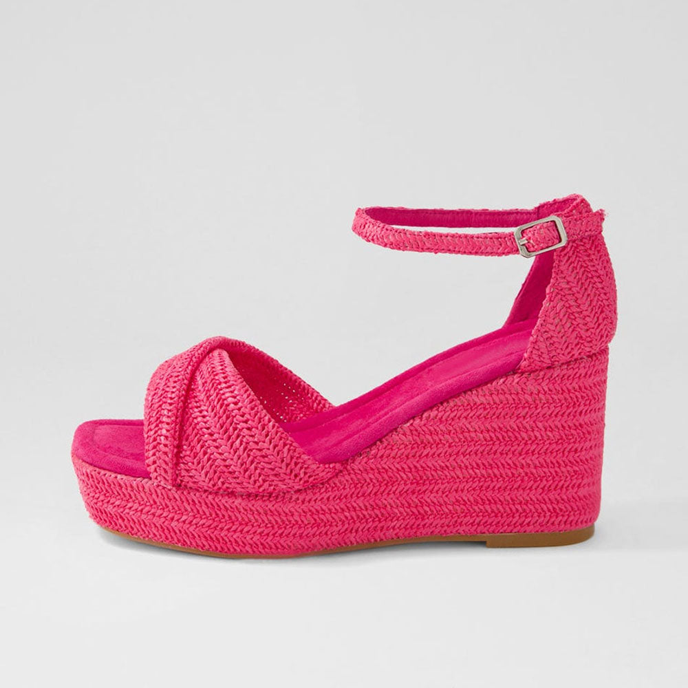 Women's Hot Pink Ankle Strap Woven Wedge Platform Sandals