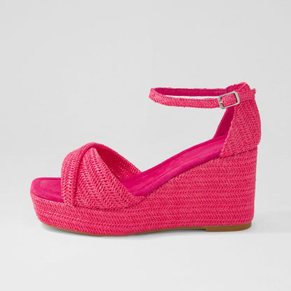 Women's Hot Pink Ankle Strap Woven Wedge Platform Sandals