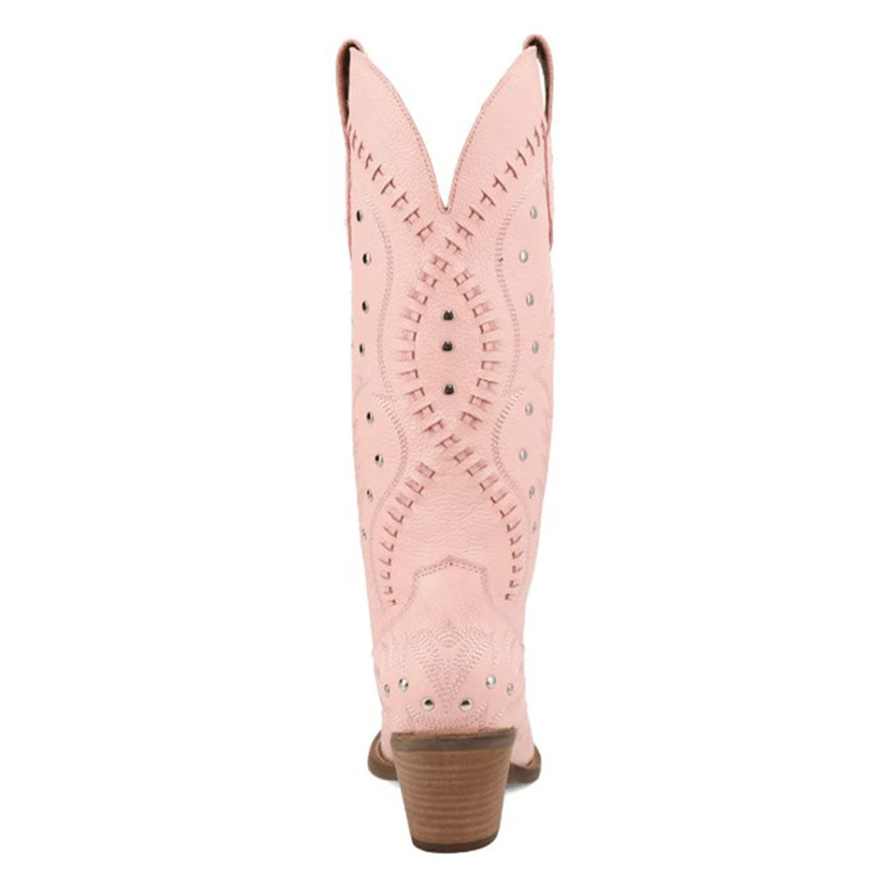 Chic Woven Details Chunky Heel Tall Pink Cowboy Boots with Studs