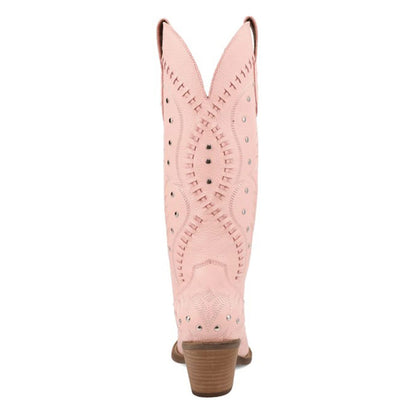 Chic Woven Details Chunky Heel Tall Pink Cowboy Boots with Studs