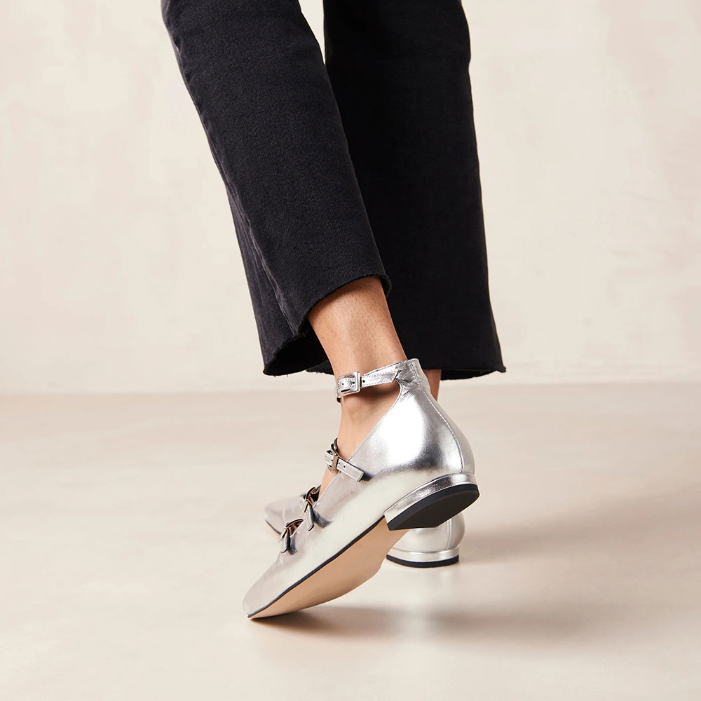 Shiny Silver Square Toe Strappy Flats Buckled Mary Jane Shoes