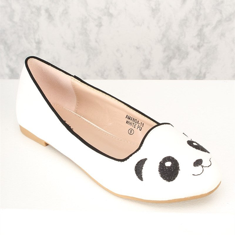 White and Black Panda Embroidered Round Toe Cute Women's Ballet Flats