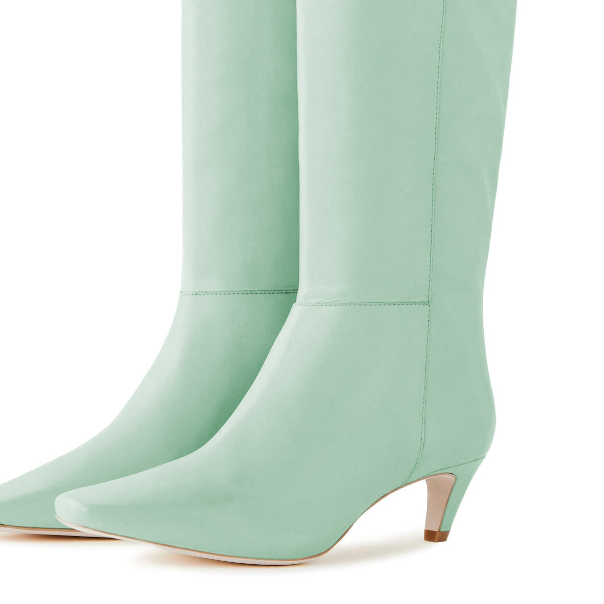 Green Pull-On Kitten Heel Knee High Boots for Women with Square Toe