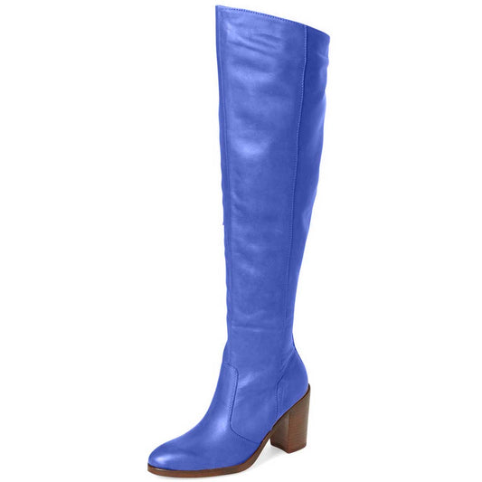 Classic Cobalt Blue Round Toe Block Heel Knee High Boots for Women