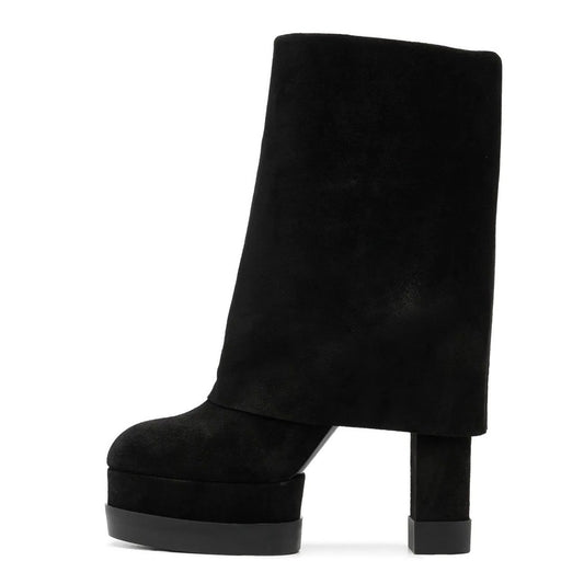 Black Vegan Suede Round Toe Block Heel Platform Fold Over Boots