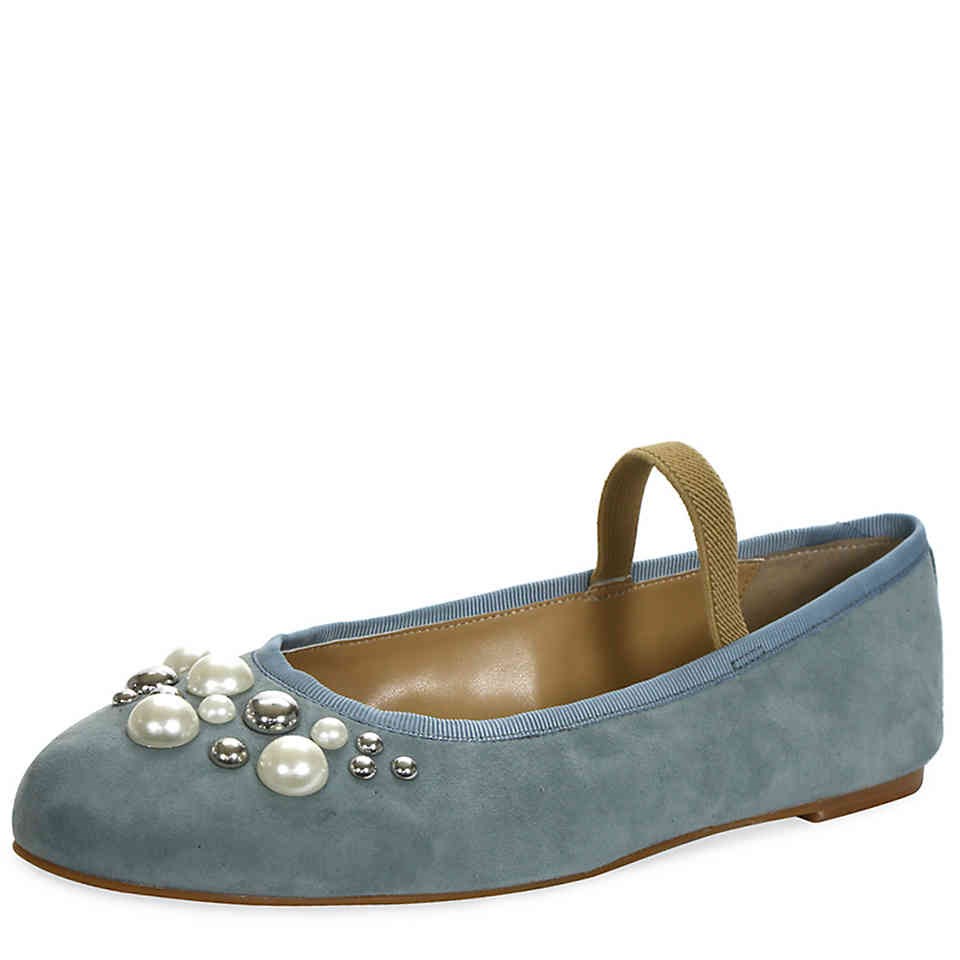 Blue Grey Round-Toe Pearl and Stud Ballet Flats with Straps