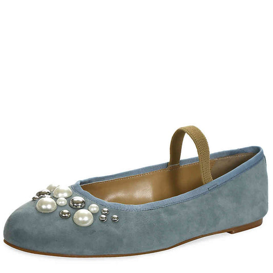 Blue Grey Round-Toe Pearl and Stud Ballet Flats with Straps