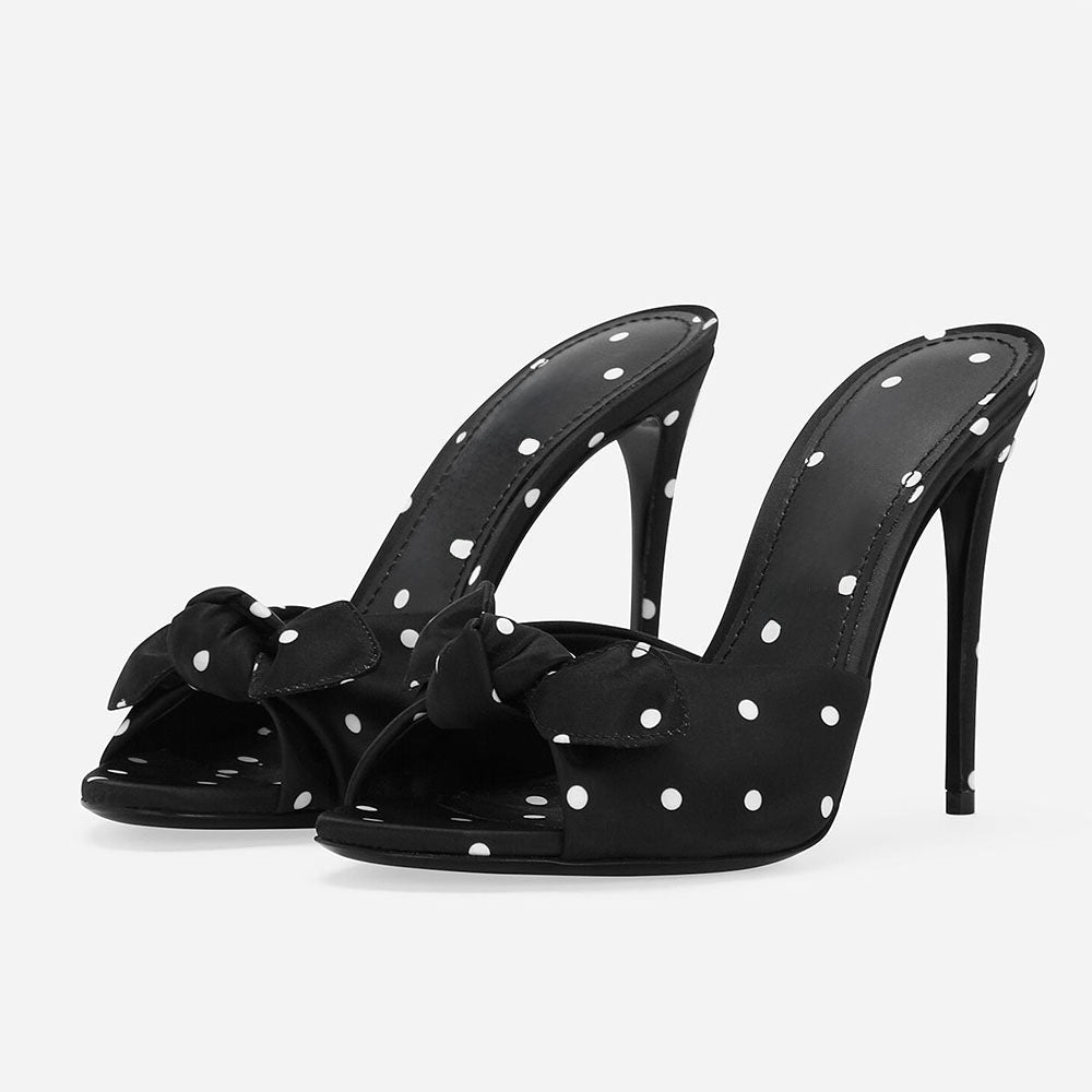 Black & White Polka Dot Open Toe Stiletto Heel Mules Shoes with Knot