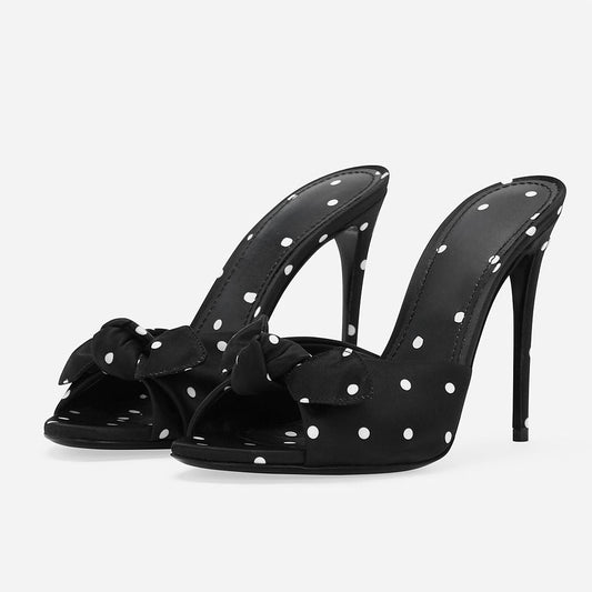 Black & White Polka Dot Open Toe Stiletto Heel Mules Shoes with Knot