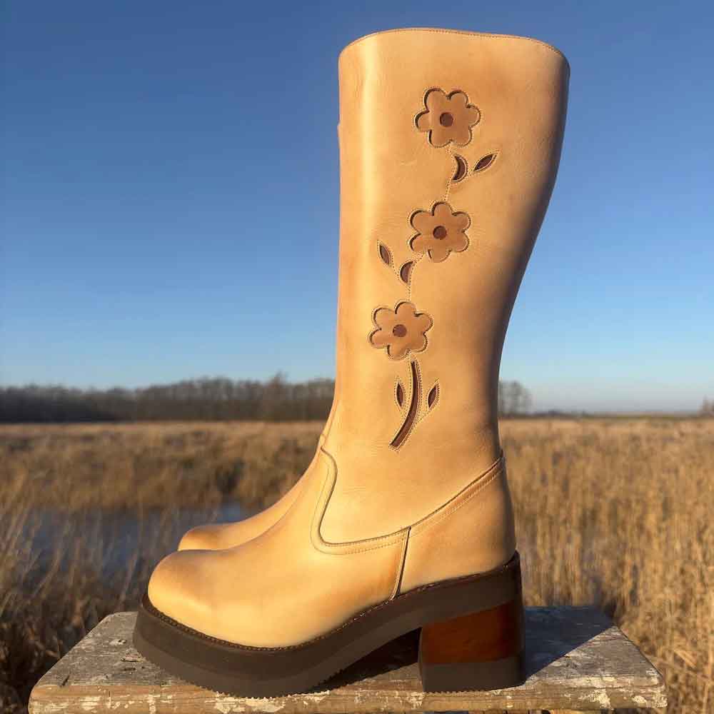Tan Chunky Heel Flower Inlay Zipper Platform Mid Calf Boots for Women