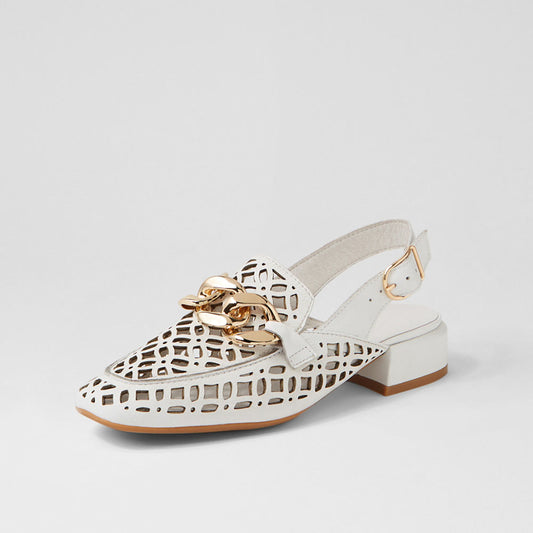 White Square Toe Slingback Shoes Cutout Block Heel Women's Loafers