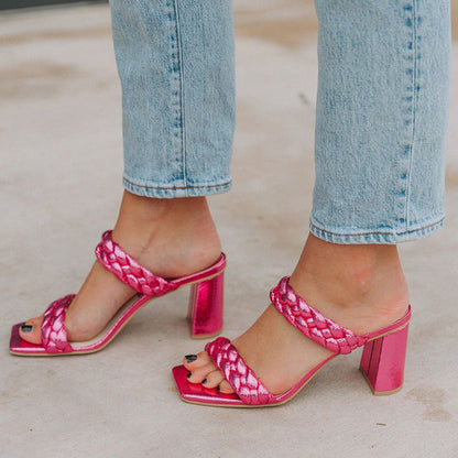 Hot Pink Square Toe Woven Double Strap Mules Sandals with Block Heels