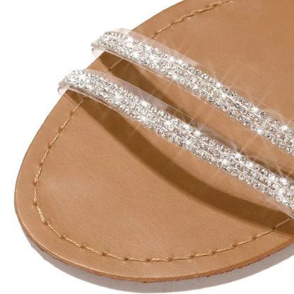Women's Open Toe Rhinestone Wrap Strap Flats Summer Sandals