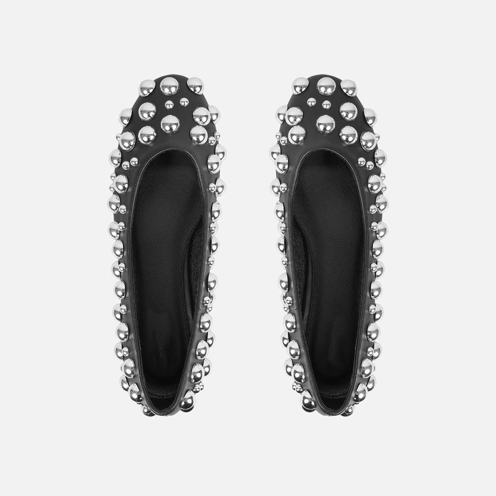 Black Vegan Leather Round Toe Flats with Silver Studs