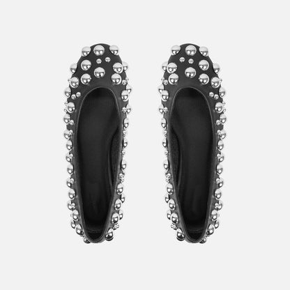 Black Vegan Leather Round Toe Flats with Silver Studs