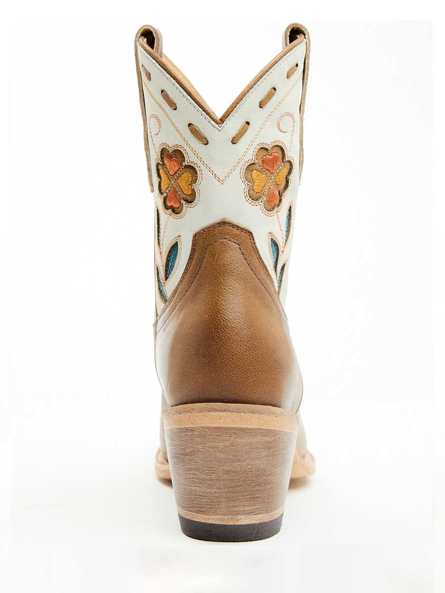 Brown & White Floral Embroidered Inlay Heeled Western Ankle Boots