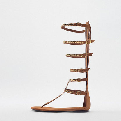 Brown Pointed Toe Strappy Sandals With Rivet Buckles Flats Gladiator Sandals