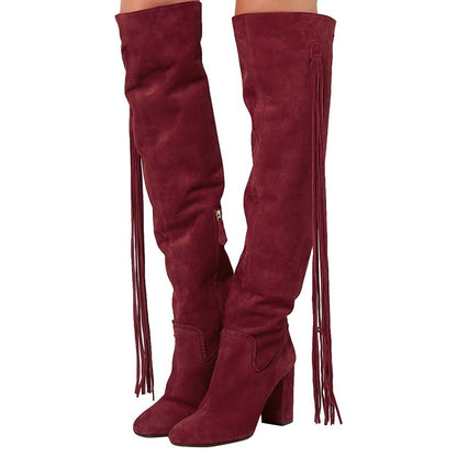 Maroon Fringe Vegan Suede Chunky Heel Round Toe Knee High Boots