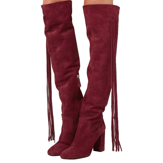 Maroon Fringe Vegan Suede Chunky Heel Round Toe Knee High Boots