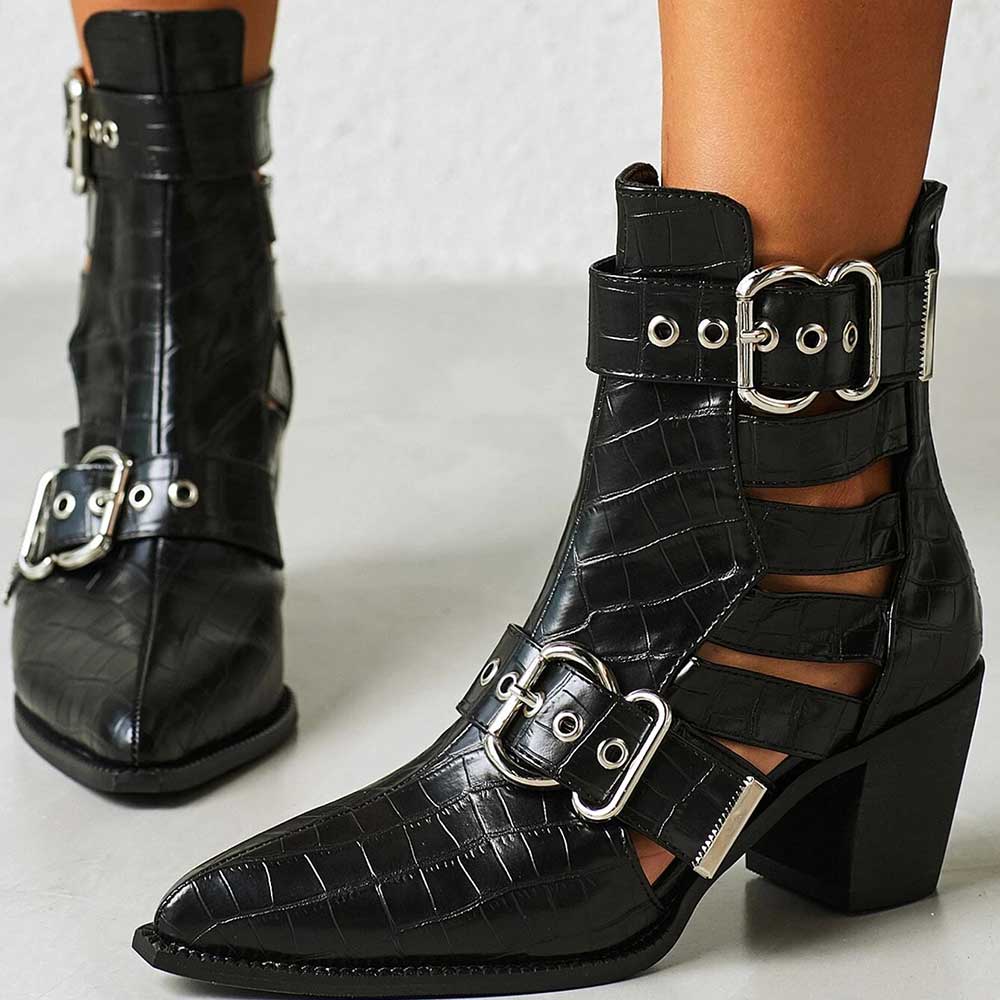 Black Croco Embossed Ankle Boots Cut Out Buckle Heeled Booties