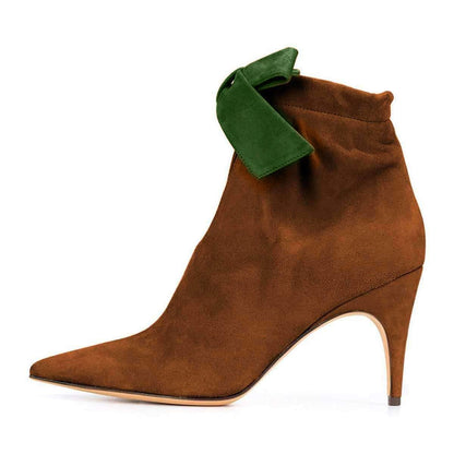 Women's Vegan Suede Pointed Toe Bowknot Decor Heeled Ankle Boots