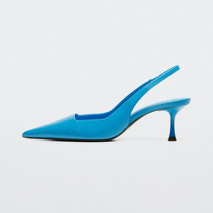 Women's Vegan Leather Pointed Toe Kitten Heel Blue Slingback Pumps