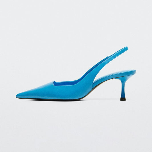 Women's Vegan Leather Pointed Toe Kitten Heel Blue Slingback Pumps