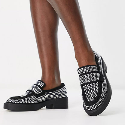 Black Round Toe Rhinestone Shoes Slip-on Chunky Loafers for Women