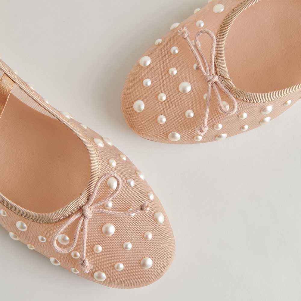 Nude Round Toe Bow Decor Mesh Flats with Pearl Embellished