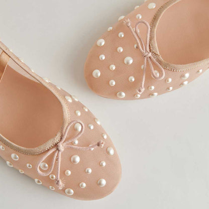 Nude Round Toe Bow Decor Mesh Flats with Pearl Embellished