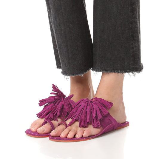 Women's Fuchsia Tassels Flats Vegan Suede Toe Ring Sandals