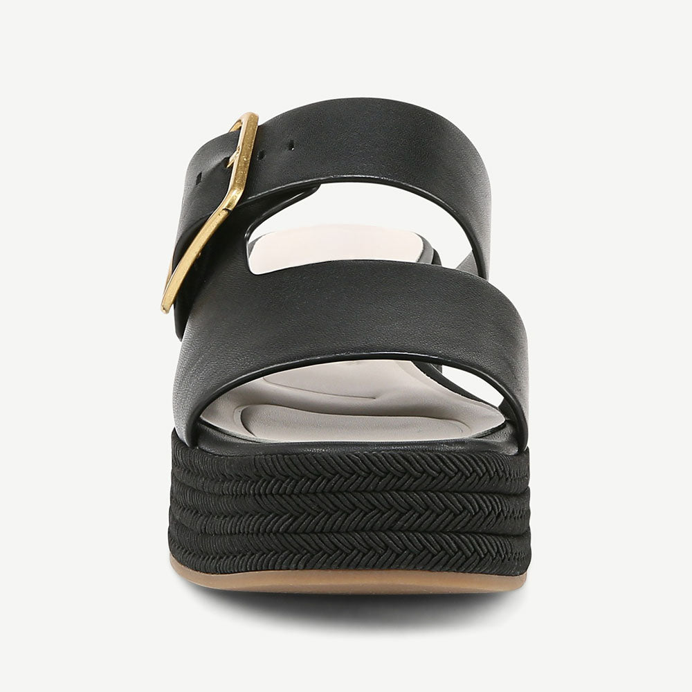 Open Square Toe Buckle Strap Woven Wedge Heel Black Platform Sandals