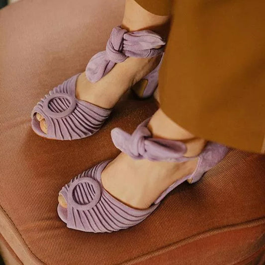 Women's Purple Vegan Suede Peep Toe Pleated Ankle Strap Heels Sandals