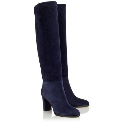 Women's Vegan Suede Round Toe Chunky Heel Knee High Boots in Navy