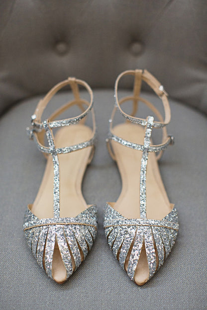 Silver Glitter Wedding Flats Pointed Toe Cut Out T-Strap Sandals