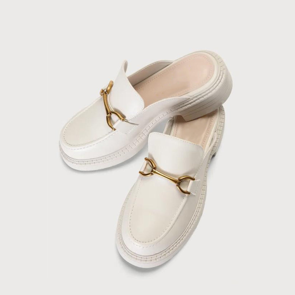 White  Mules With Platform Chain Decor Flats